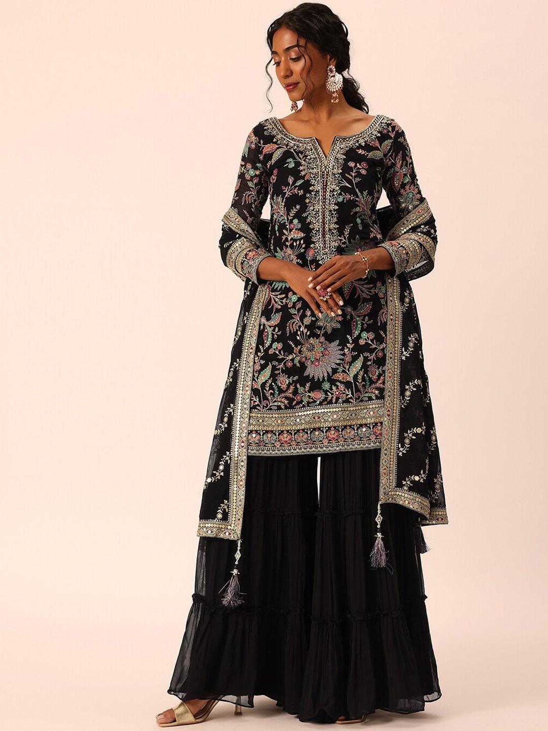 

KALKI Fashion Floral Embroidered Sequinned Straight Kurta with Sharara & Dupatta, Black