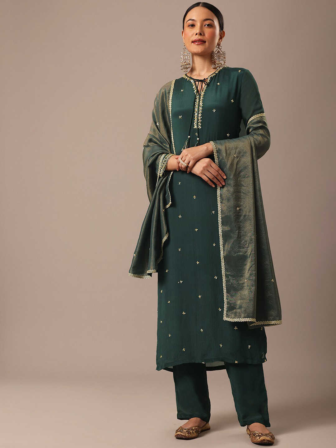 

KALKI Fashion Floral Embroidered Sequinned Straight Kurta with Trousers & Dupatta, Green