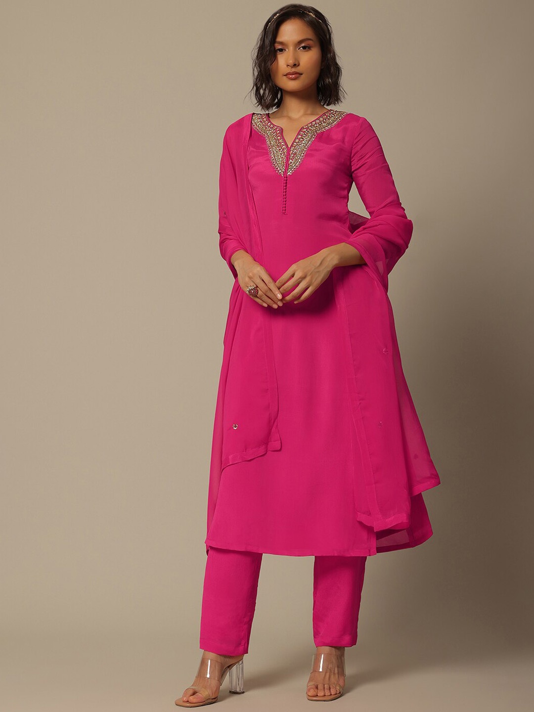 

KALKI Fashion Floral Yoke Design Regular Thread Work Kurta With Trousers & Dupatta, Pink