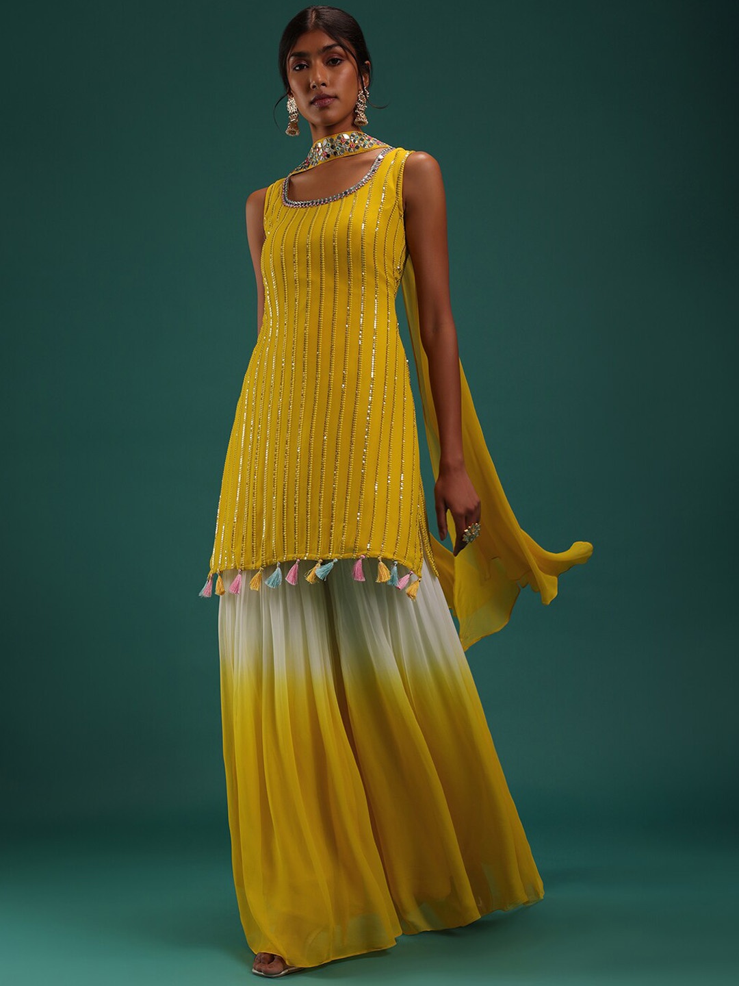 

KALKI Fashion Embellished Sequinned Straight Kurta with Sharara & Dupatta, Yellow
