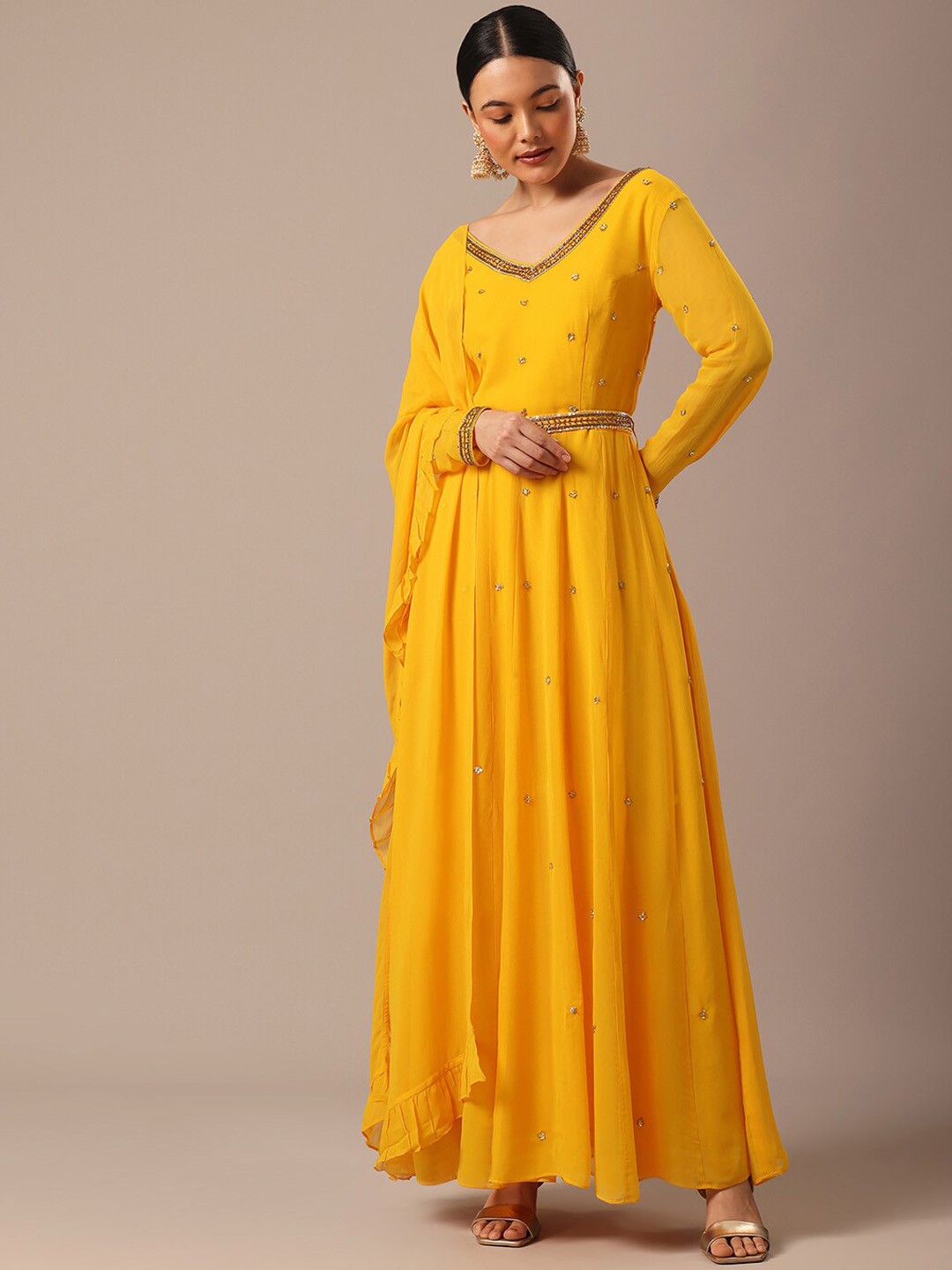 

KALKI Fashion Embroidered Empire Beads and Stones Kurta With Trousers & Dupatta, Yellow