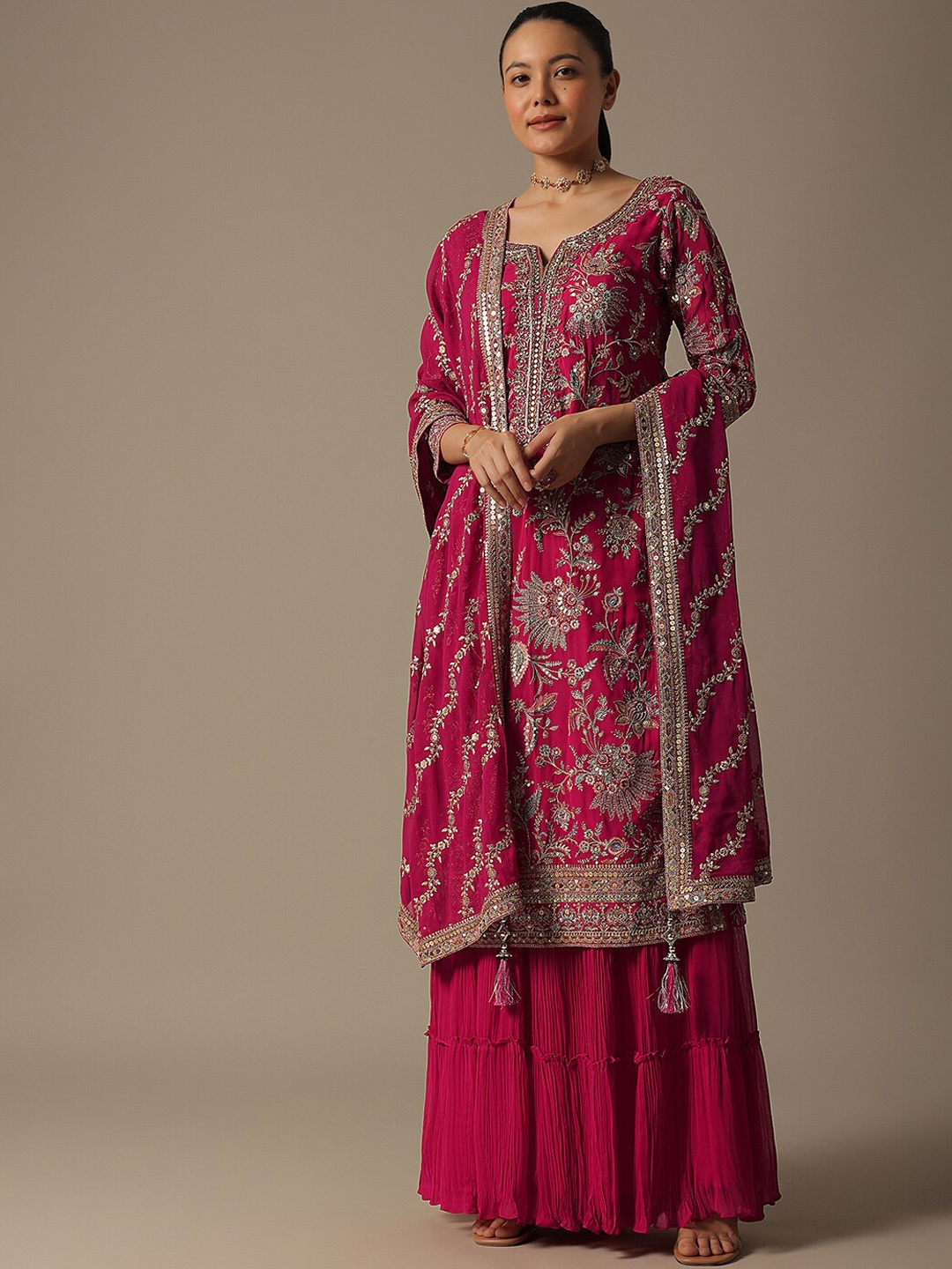 

KALKI Fashion Ethnic Motifs Embroidered Thread Work Kurta With Sharara & Dupatta, Pink