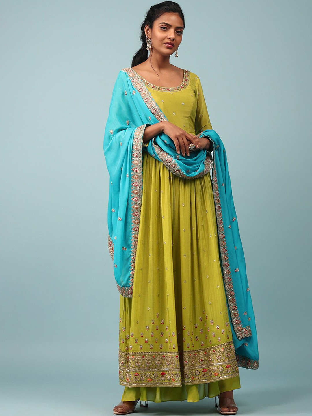 

KALKI Fashion Floral Embroidered Sequinned Kurta With Palazzos & Dupatta, Green
