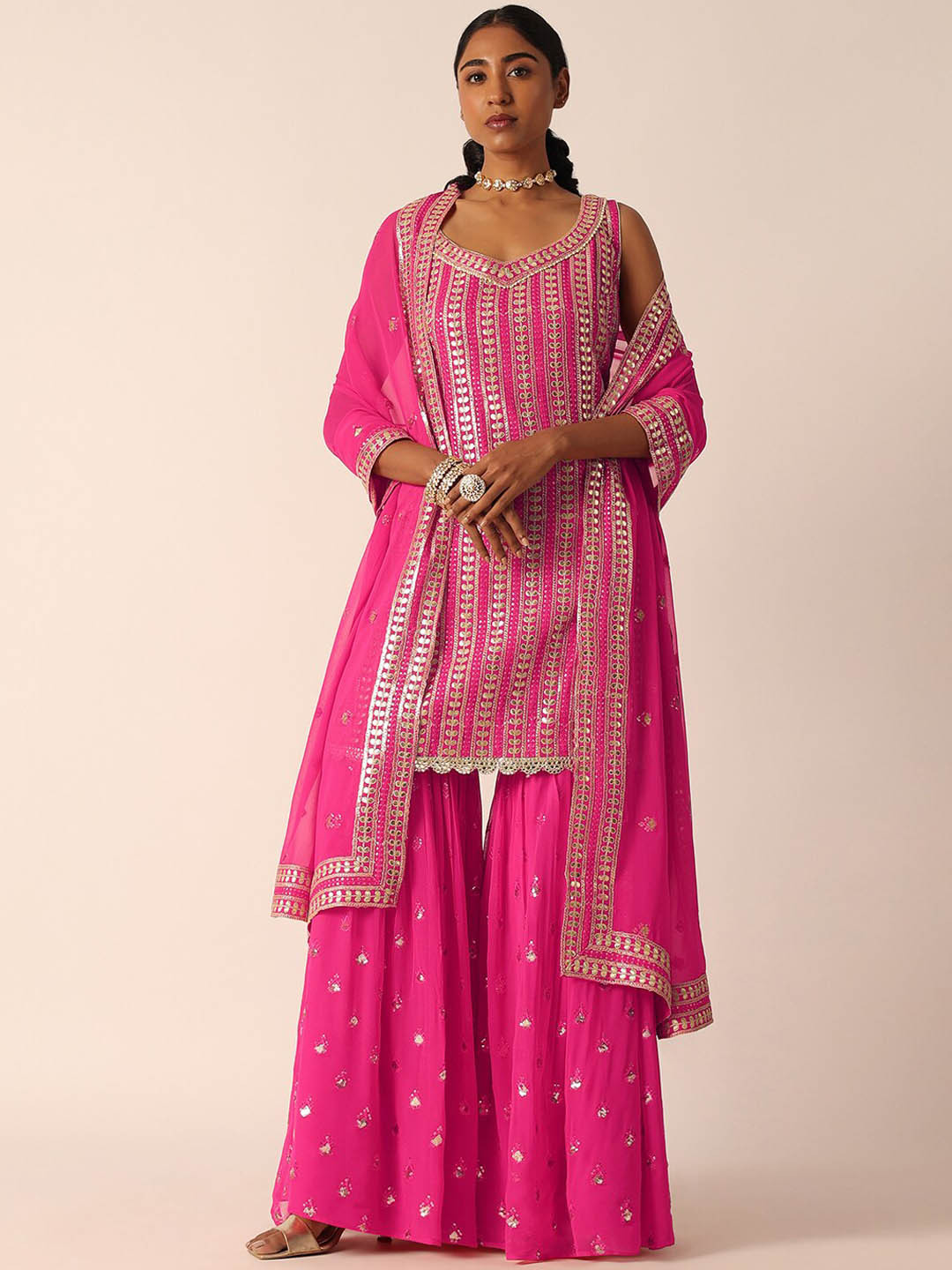 

KALKI Fashion Floral Embroidered Regular Sequinned Kurta With Palazzos & Dupatta, Pink