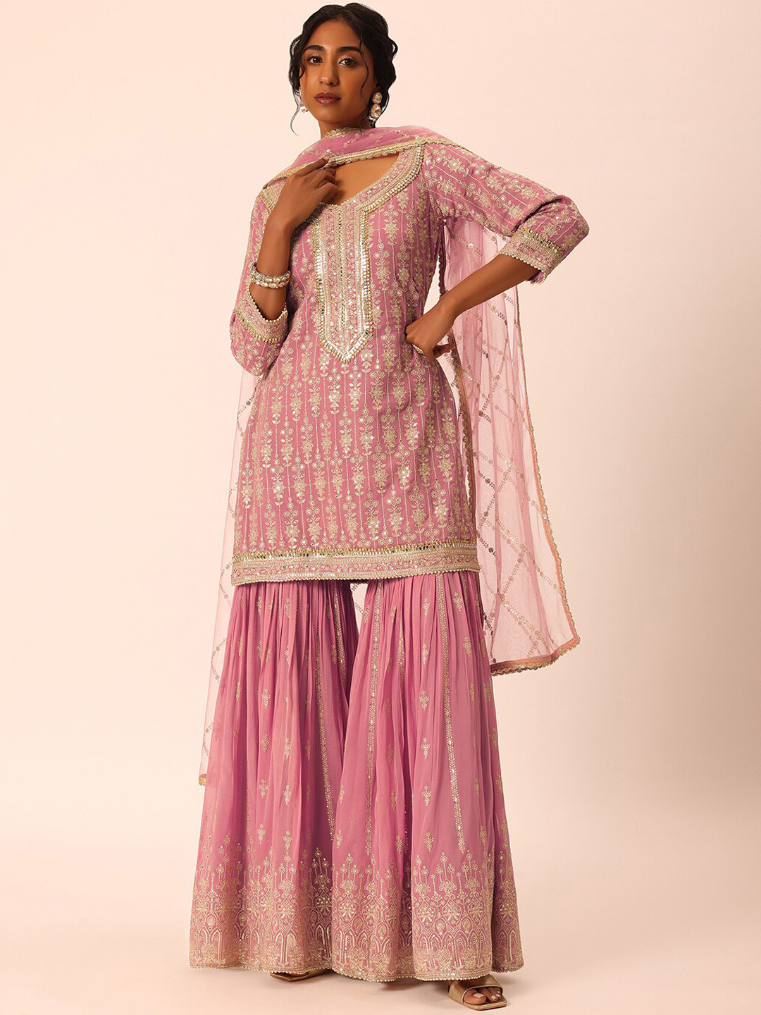 

KALKI Fashion Floral Embroidered Regular Sequinned Kurta with Sharara & Dupatta, Pink