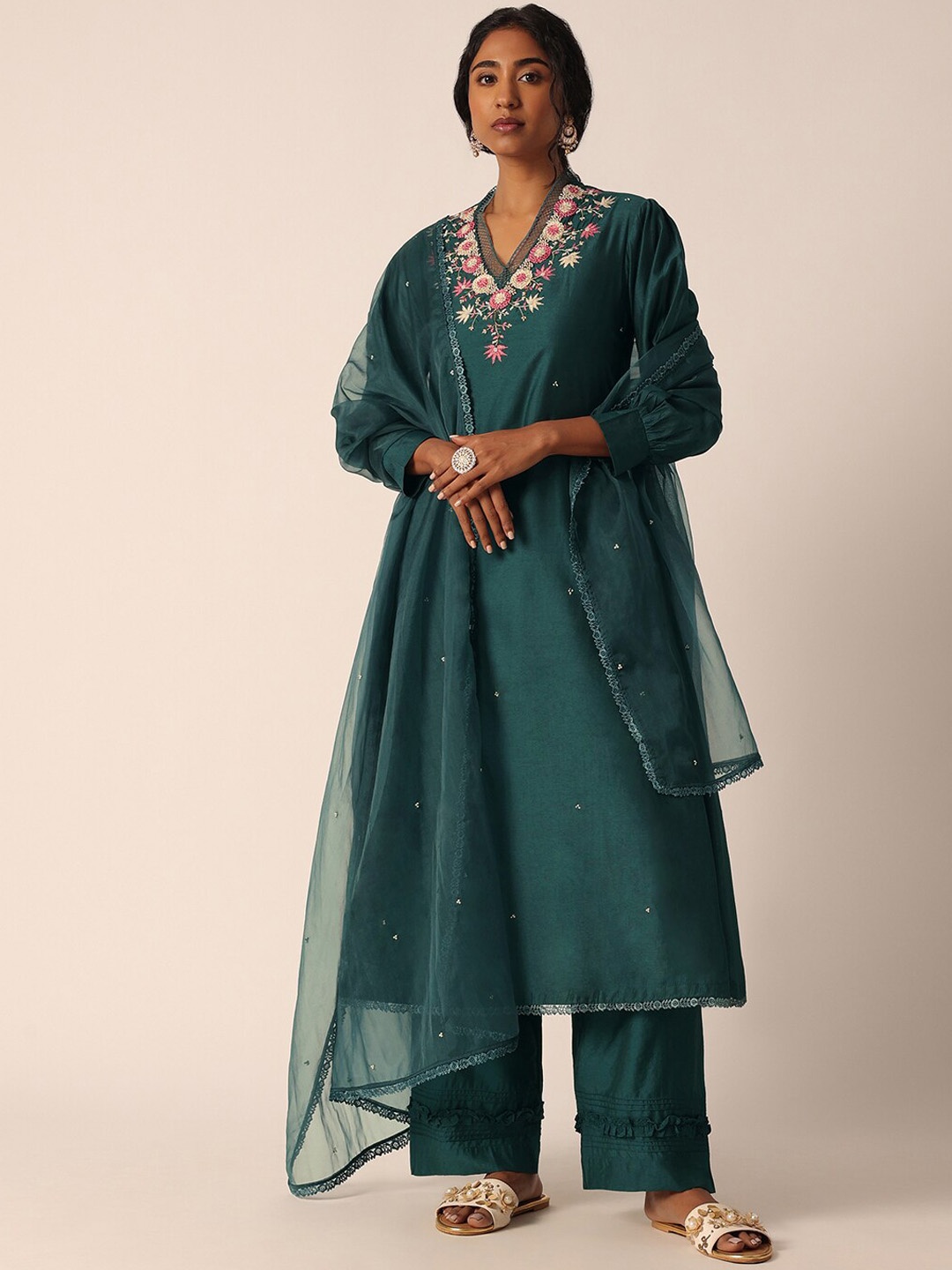 

KALKI Fashion Floral Embroidered Thread Work Kurta With Palazzos & Dupatta, Green