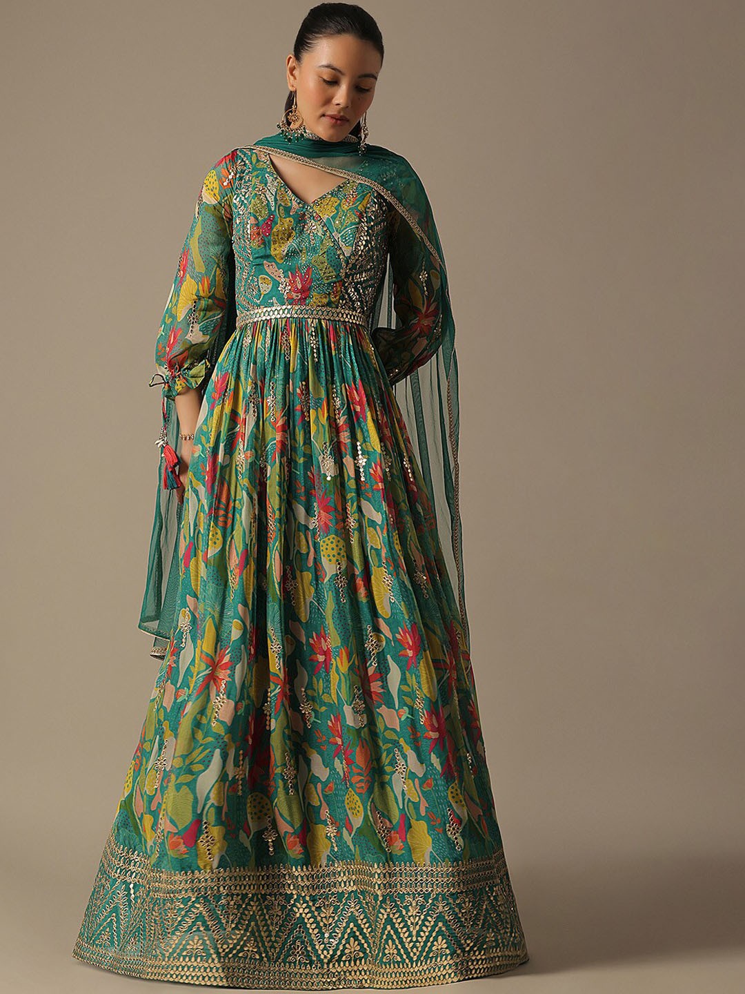 

KALKI Fashion Women Floral Print Pleated Gotta Patti Anarkali Kurta & Dupatta With Belt, Green