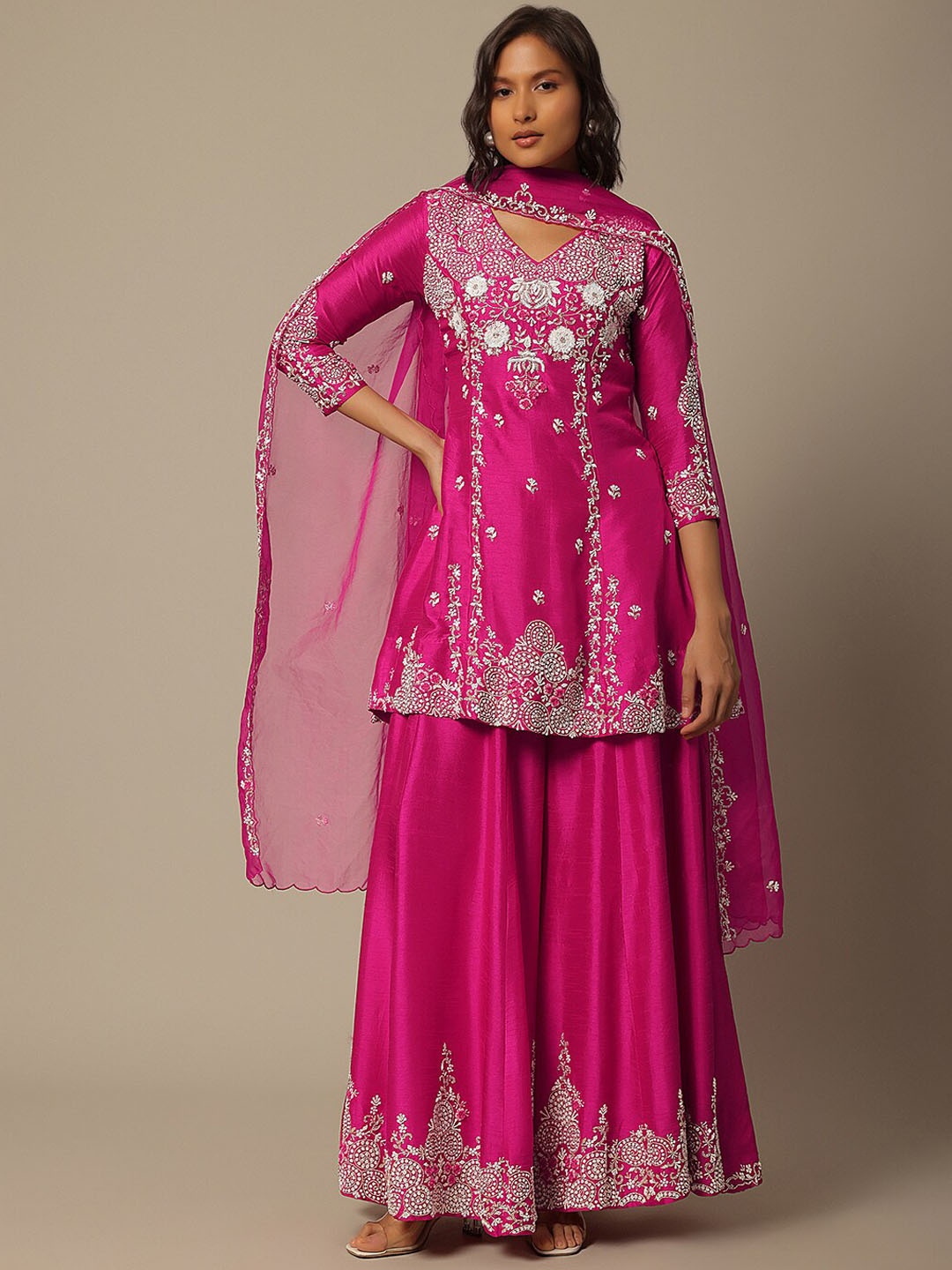 

KALKI Fashion Floral Embroidered Regular Sequinned Kurta with Palazzos & Dupatta, Pink
