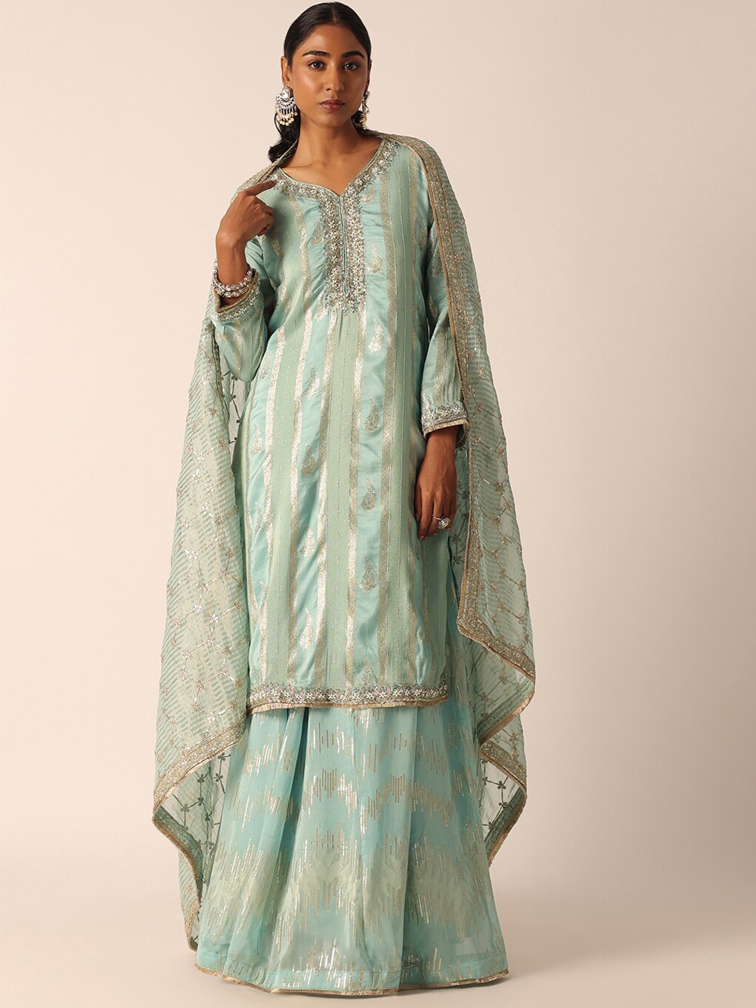 

KALKI Fashion Embroidered V-Neck Regular Kurta with Palazzos & Dupatta, Blue