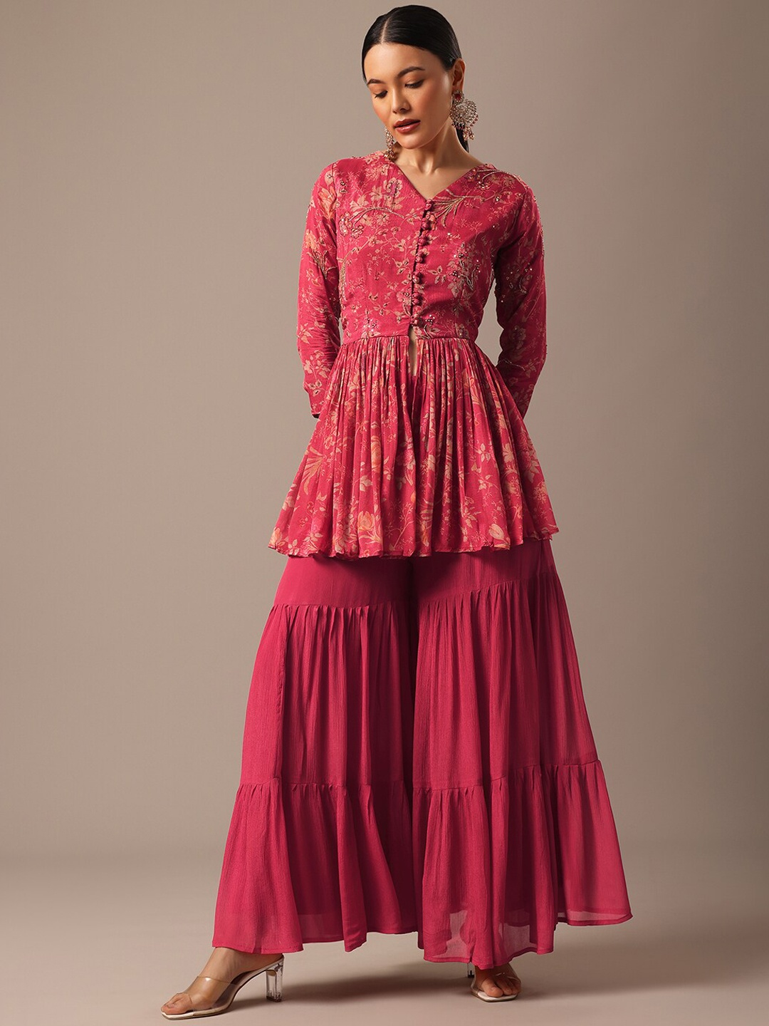 

KALKI Fashion Floral Embroidered Pleated Sequinned Anarkali Kurti With Sharara, Red