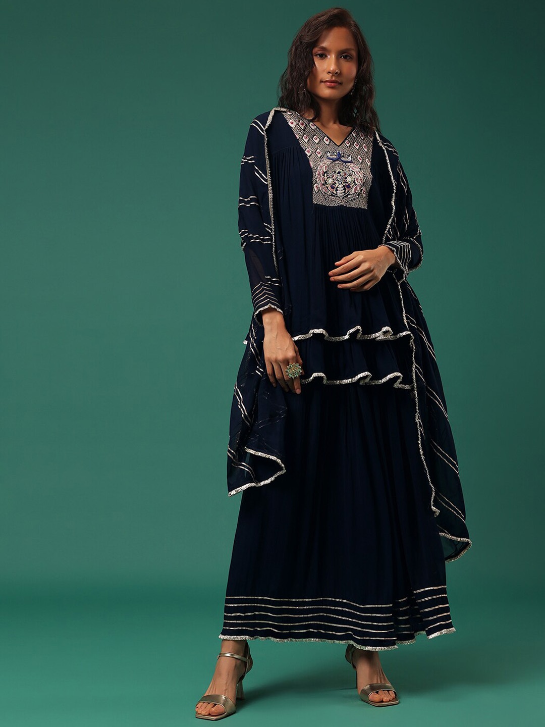 

KALKI Fashion Ethnic Motifs Embroidered Regular Thread Work Kurti Set With Dupatta, Blue