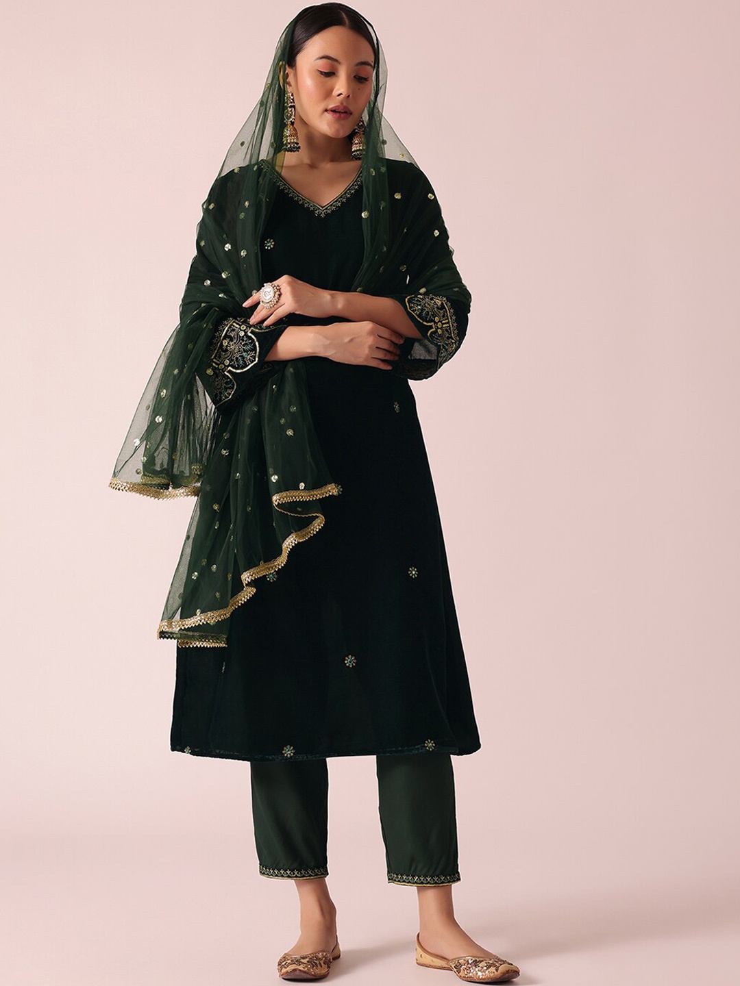 

KALKI Fashion Floral Embroidered Sequinned traight Kurta with Trousers & Dupatta, Green