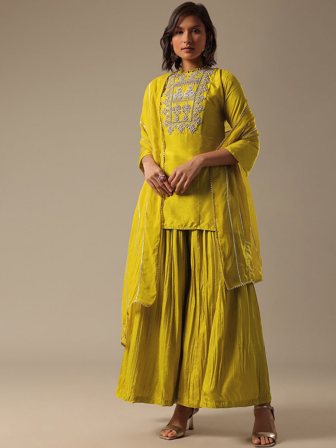 

KALKI Fashion Ethnic Motifs Embroidered Beads & Stones Kurti With Sharara & Dupatta, Green