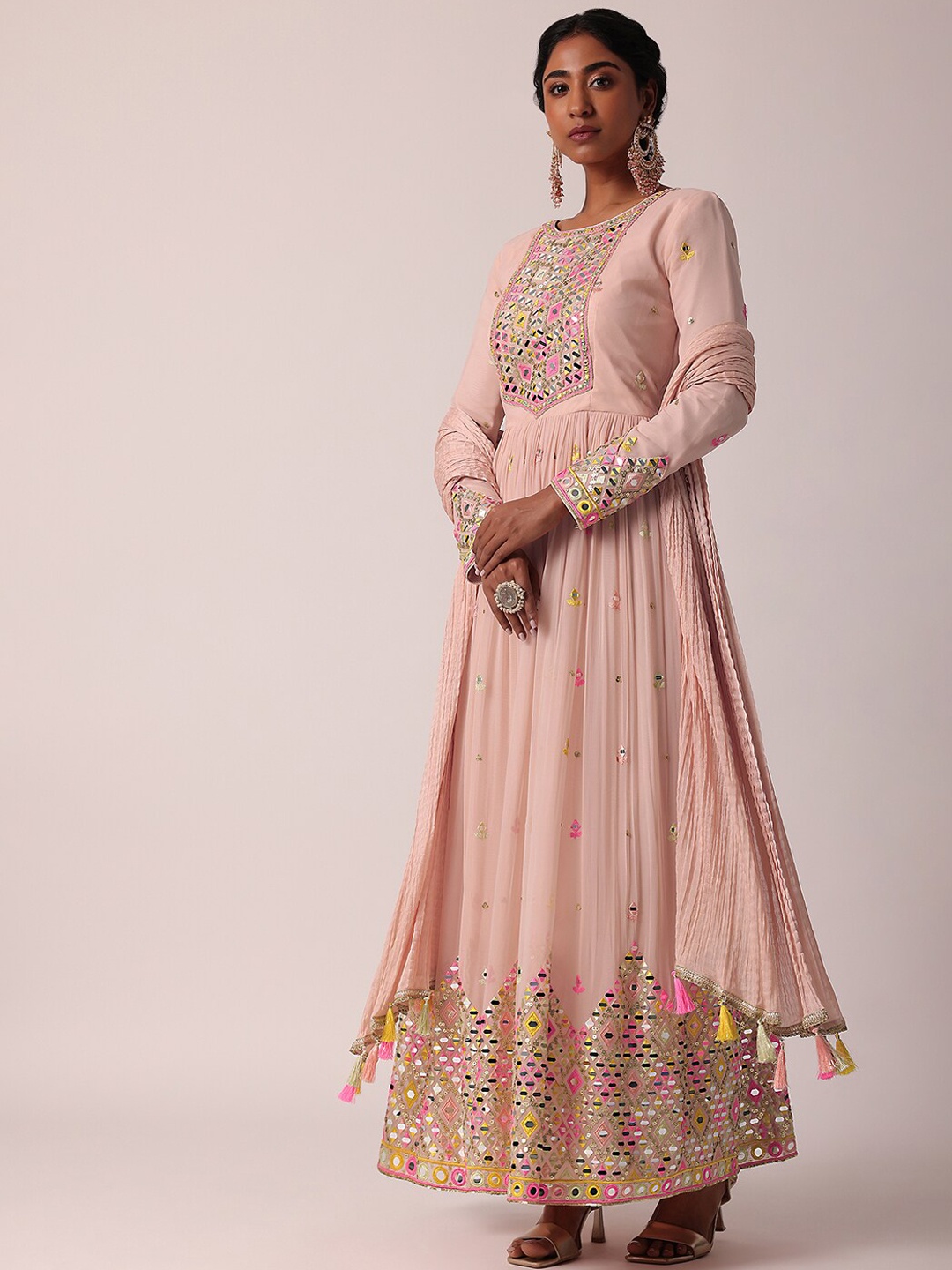 

KALKI Fashion Ethnic Motifs Embroidered Empire Mirror Work Kurta Set With Dupatta, Pink