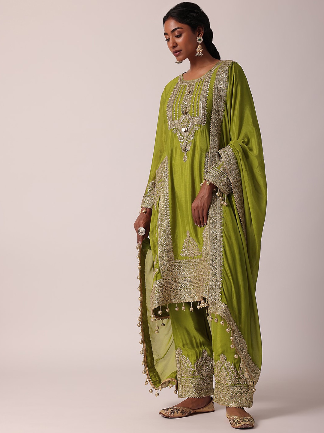 

KALKI Fashion Floral Embroidered Thread Work Kurta With Trousers & Dupatta, Green