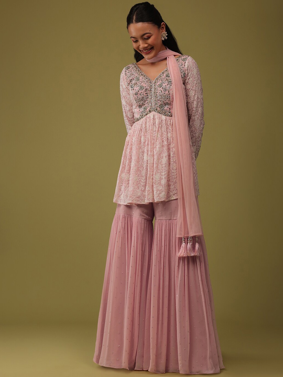 

KALKI Fashion Floral Embroidered Sequinned Empire Kurti with Sharara & Dupatta, Pink