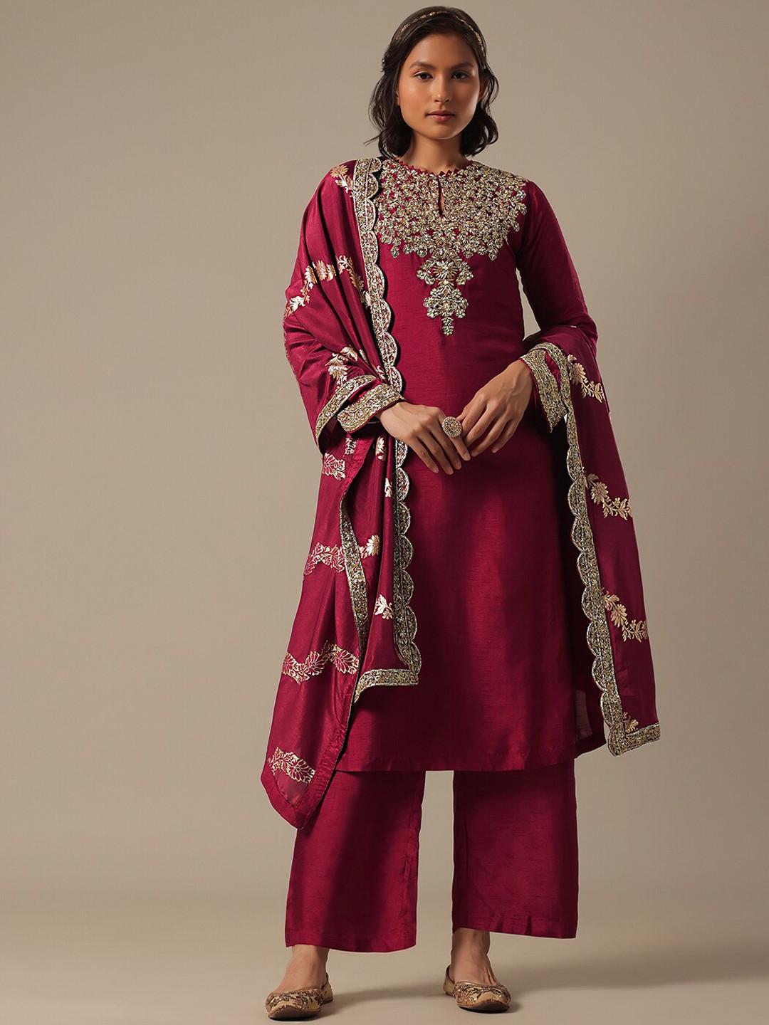 

KALKI Fashion Ethnic Motifs Embroidered Sequinned Kurta With Trousers & Dupatta, Red