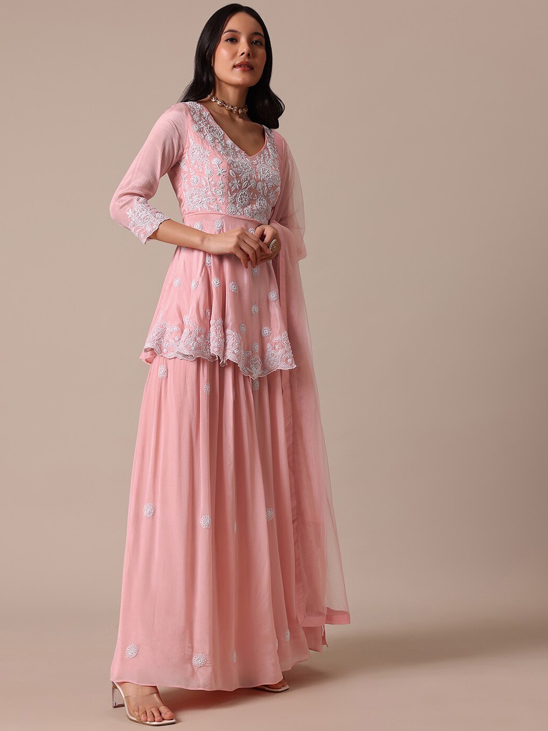 

KALKI Fashion Floral Embroidered Thread Work Kurta With Palazzos & Dupatta, Peach