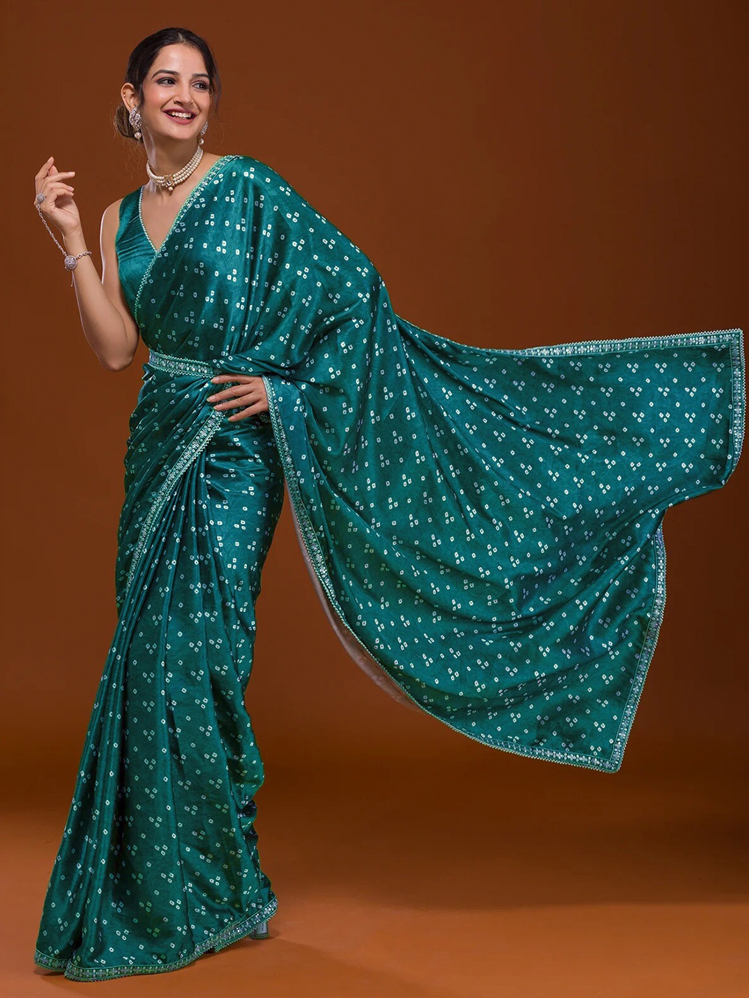 

KALINI Beads & Stones Satin Bandhani Saree, Teal