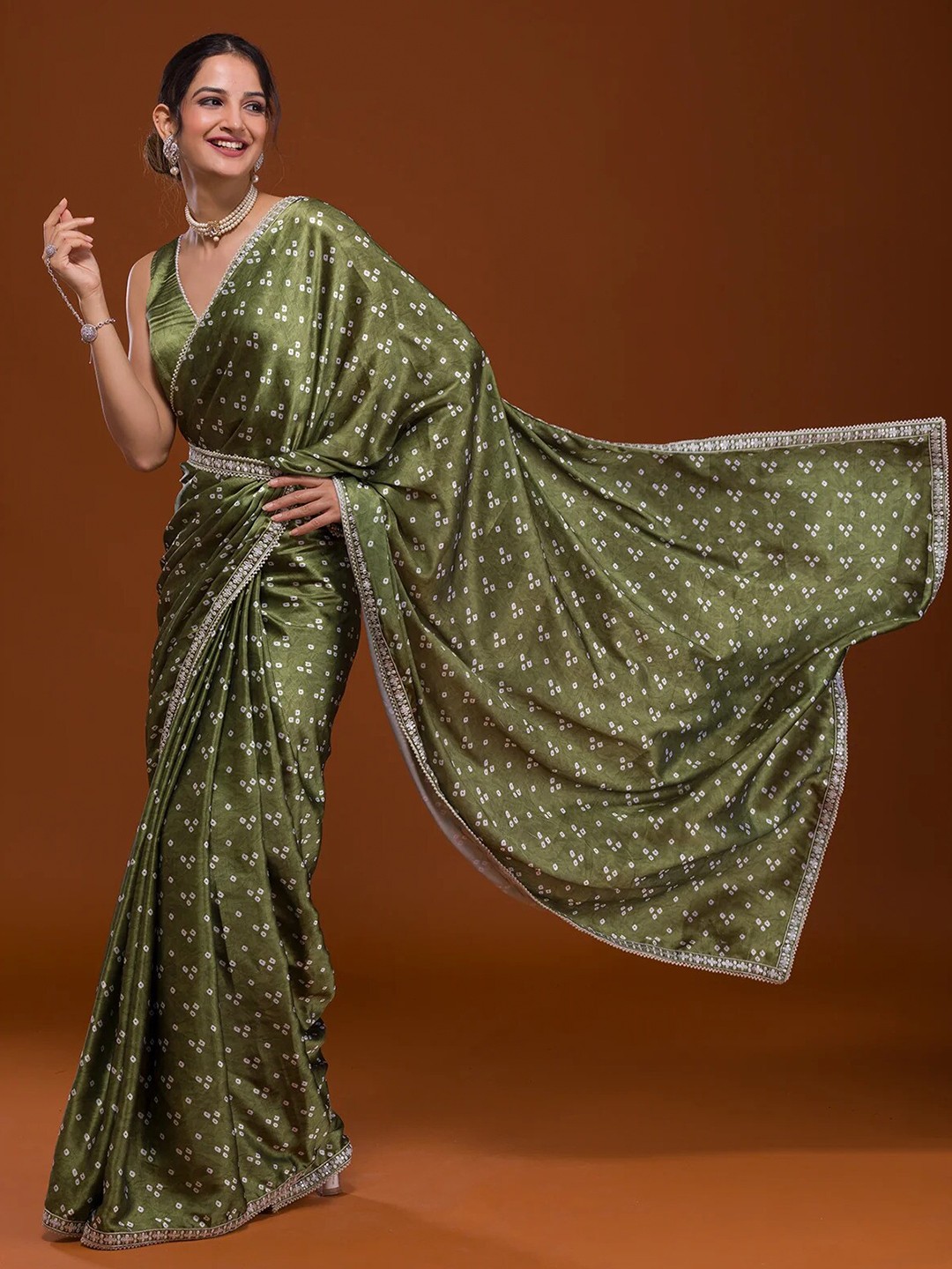 

KALINI Bandhani Embroidered Satin Bandhani Saree, Olive