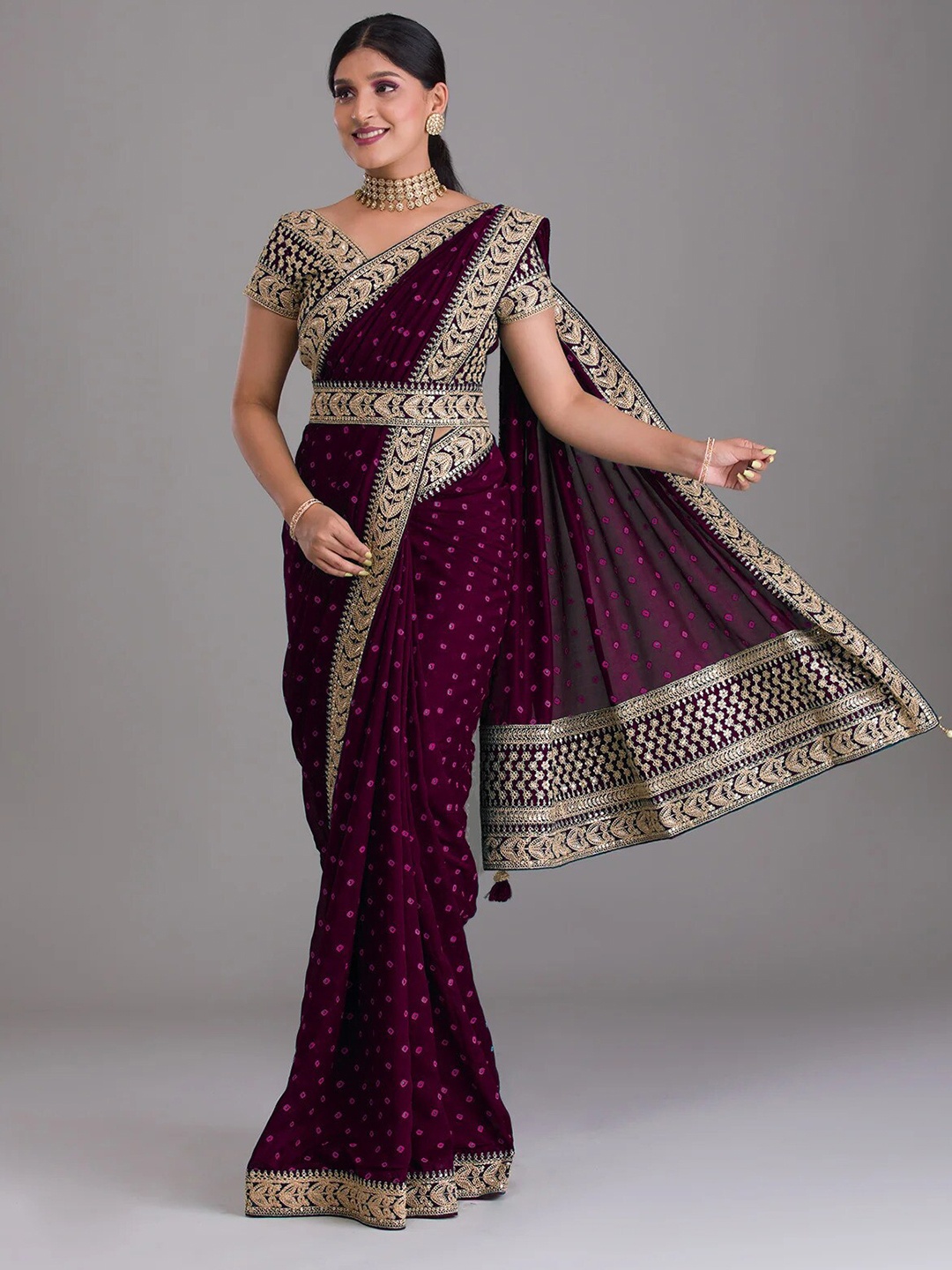 

KALINI Ethnic Motifs Embroidered Bandhani Saree, Purple