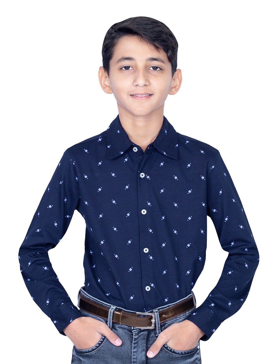 

ONE SKY Boys Polka Dot Printed Knitted Weave Pure Cotton Casual Shirt, Navy blue