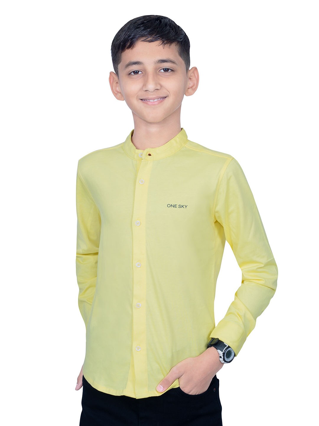 

ONE SKY Boys Mandarin Collar Knitted Weave Pure Cotton Casual Shirt, Yellow