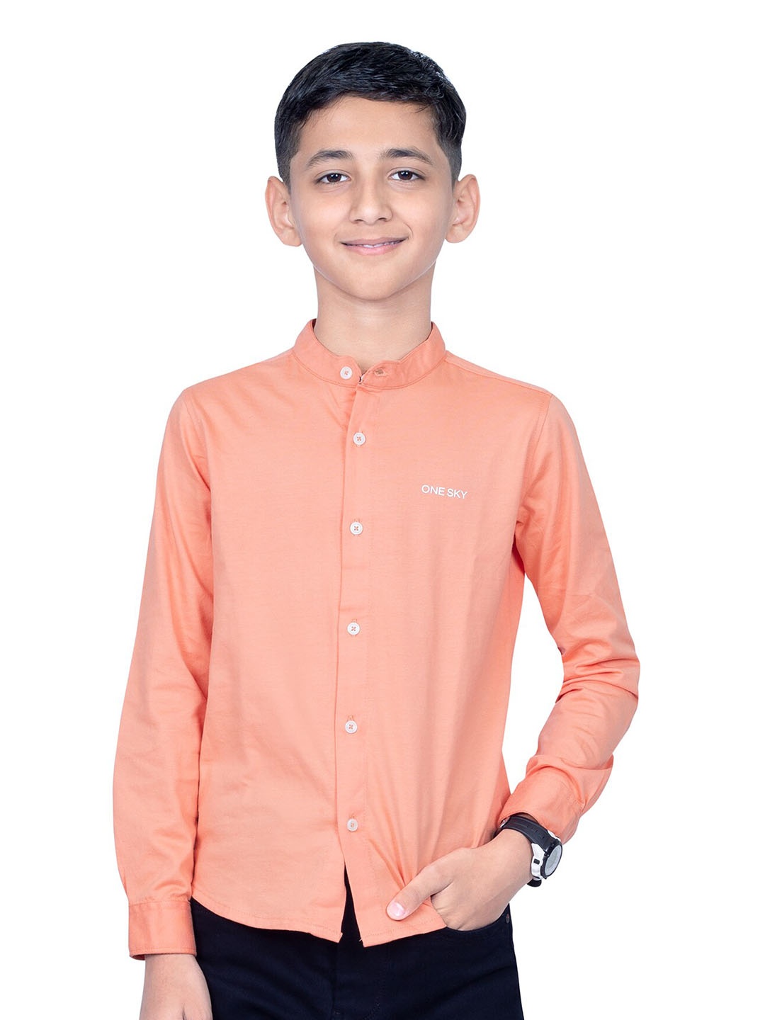 

ONE SKY Boys Mandarin Collar Knitted Weave Pure Cotton Casual Shirt, Red