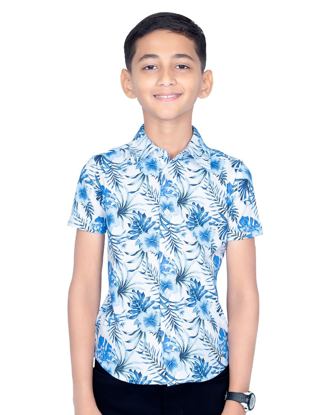 

ONE SKY Boys Floral Printed Knitted Weave Pure Cotton Casual Shirt, White