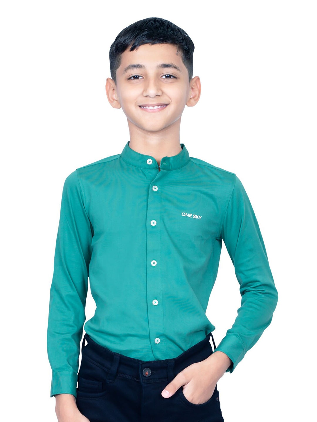 

ONE SKY Boys Mandarin Collar Knitted Weave Pure Cotton Casual Shirt, Green