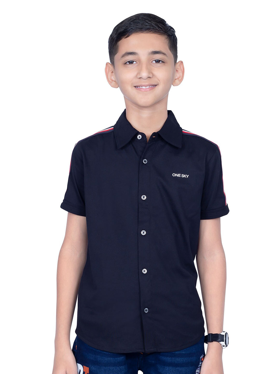 

ONE SKY Boys Knitted Weave Pure Cotton Casual Shirt, Black