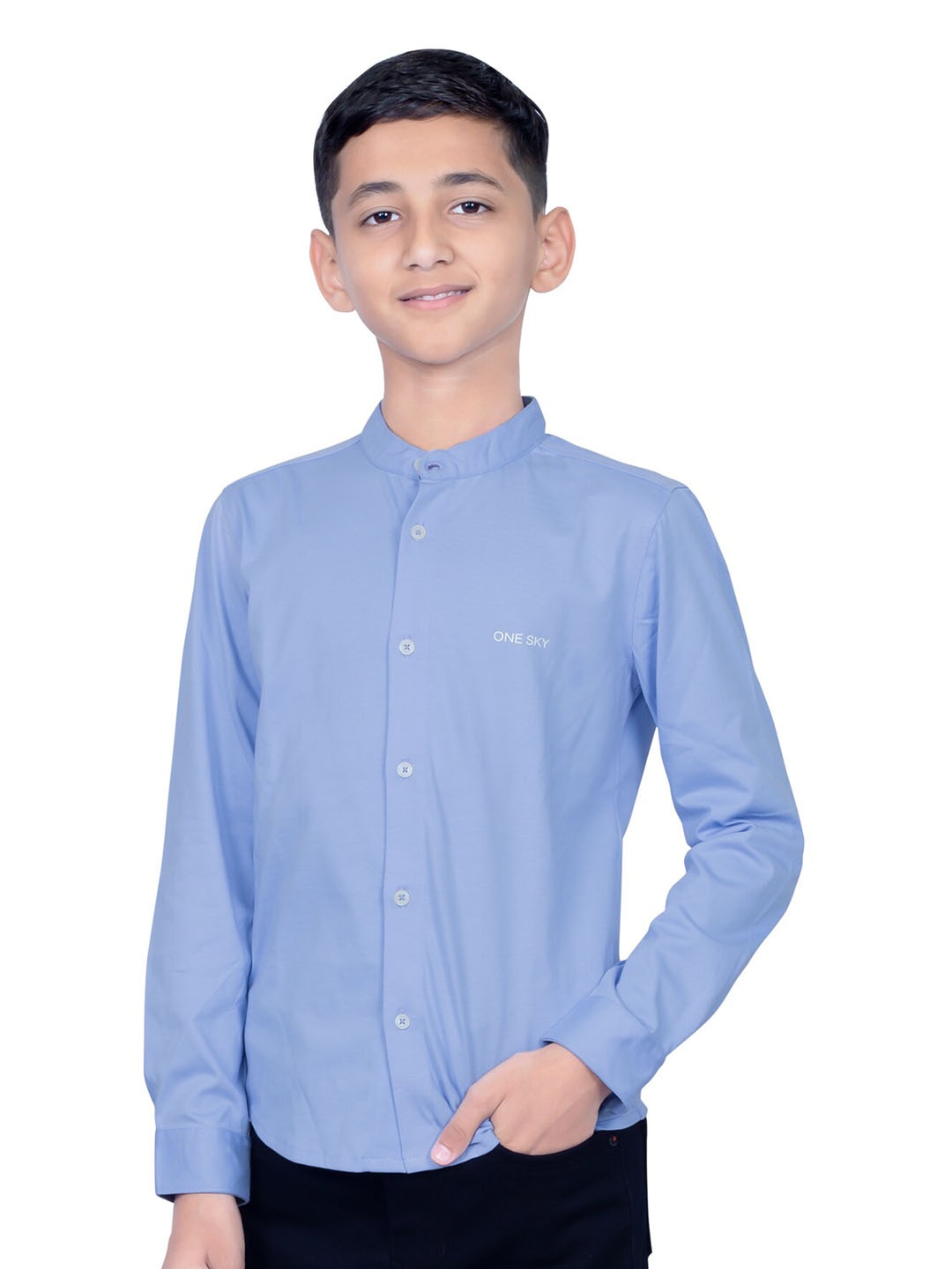 

ONE SKY Boys Mandarin Collar Knitted Weave Pure Cotton Casual Shirt, Blue