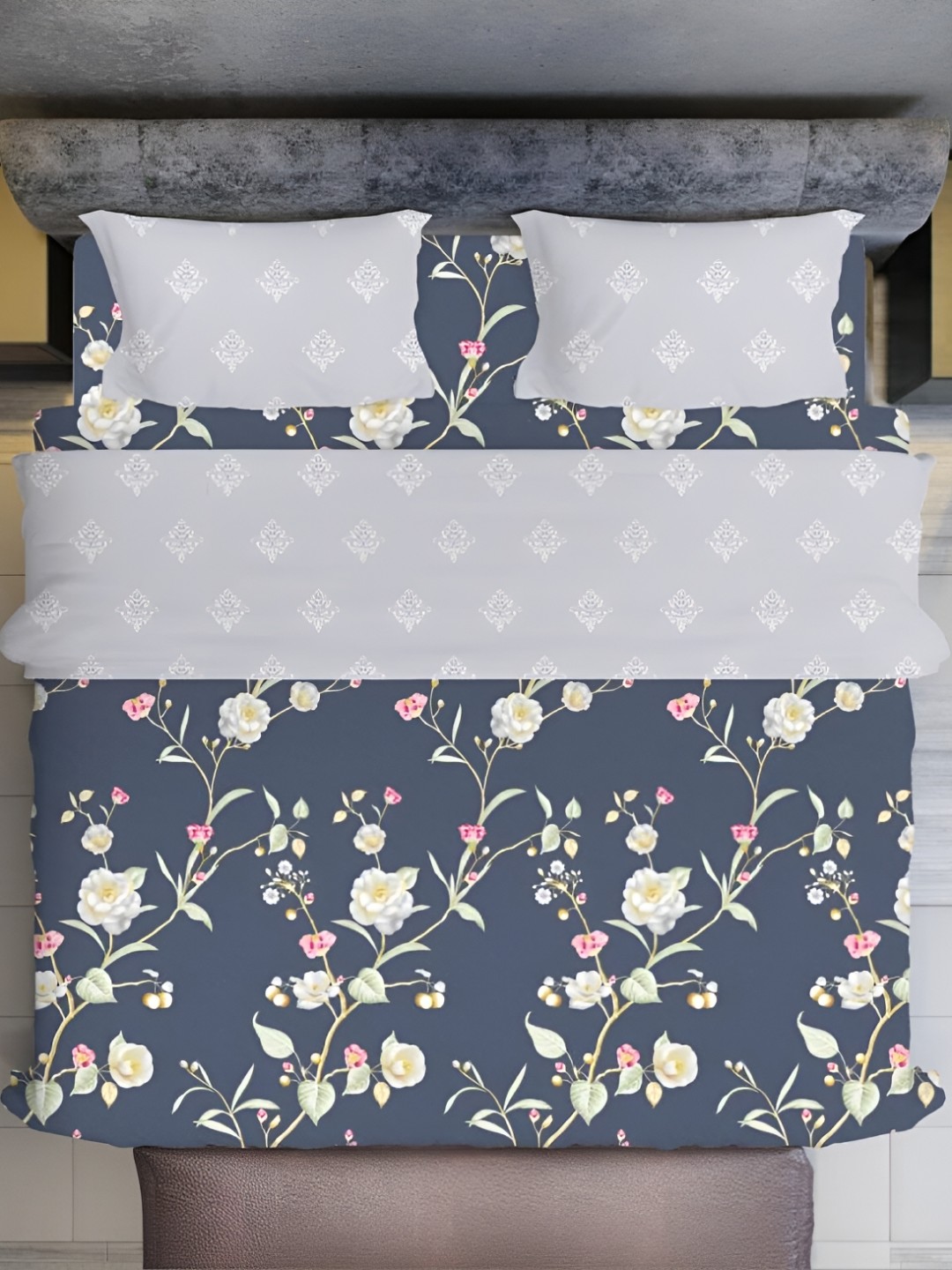 

UrbanArts Grey Melange Floral Printed Cotton 400 TC King Bedsheet With 2 Pillow Covers