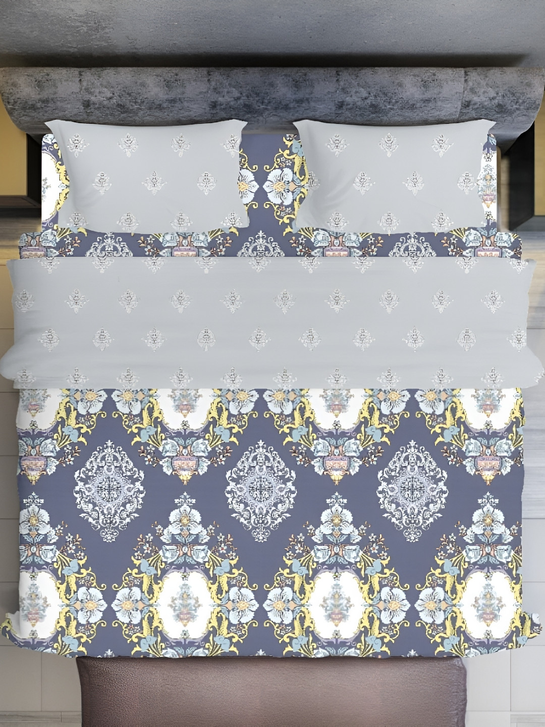 

UrbanArts Grey Melange & Navy Blue Floral Cotton 400 TC King Bedsheet with 2 Pillow Covers