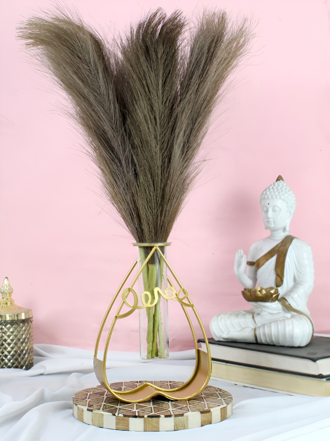 

TIED RIBBONS Brown 3 Pieces Artificial Pampas Grass with Vase