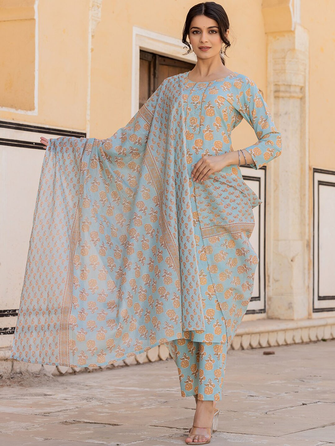 

Yufta Ethnic Motifs Printed Gotta Patti Pure Cotton Straight Kurta With Trousers & Dupatta, Blue