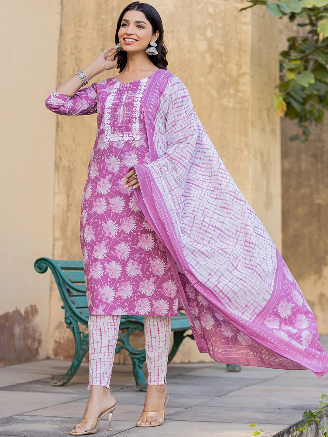 

Yufta Floral Printed Thread Work Pure Cotton Straight Kurta With Trousers & Dupatta, Purple