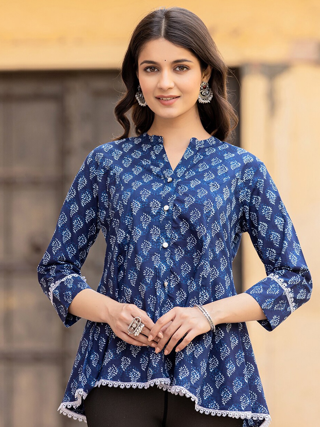 

Yufta Printed Mandarin Collar Ethnic Cotton Shirt Style Top, Blue