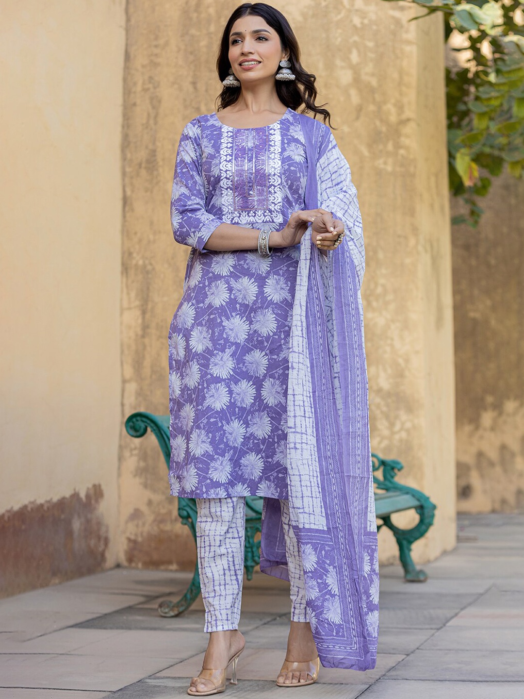 

Yufta Floral Printed Thread Work Pure Cotton Straight Kurta With Trousers & Dupatta, Violet
