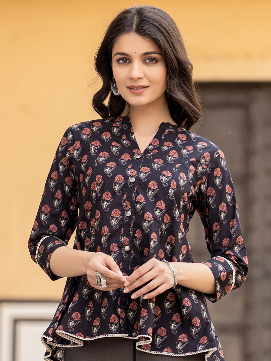

Yufta Floral Printed Mandarin Collar Ethnic Cotton Top, Black