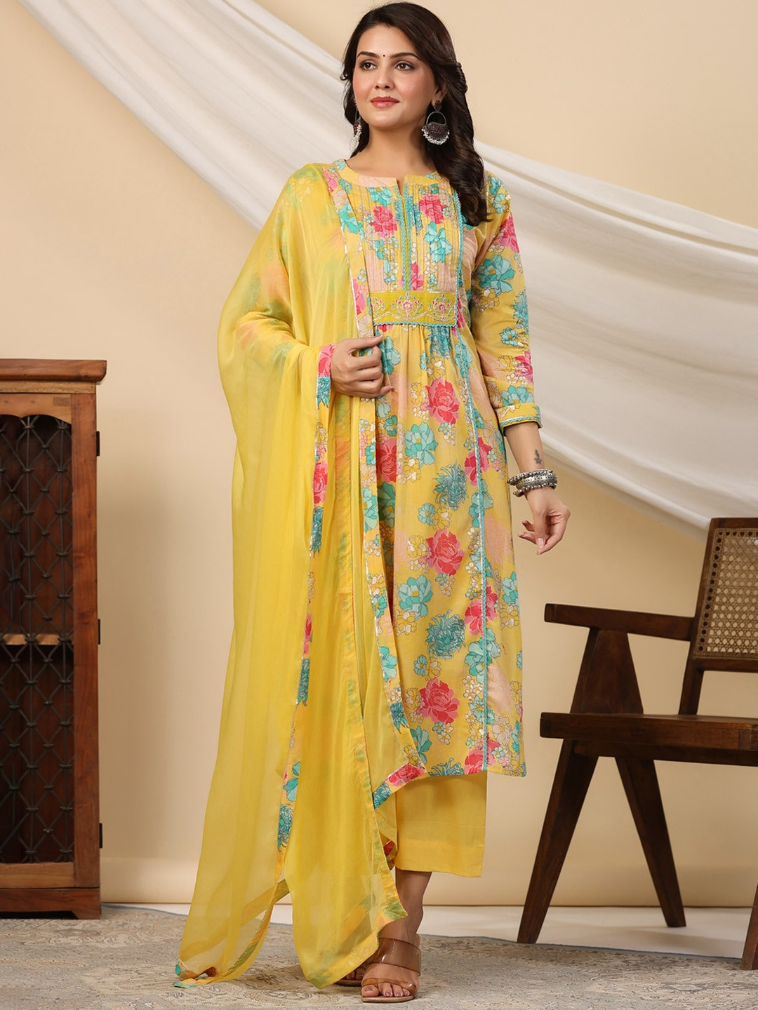 

KALINI Floral Printed Beads and Stones Pure Cotton Anarkali Kurta with Plazzo & Dupatta, Yellow
