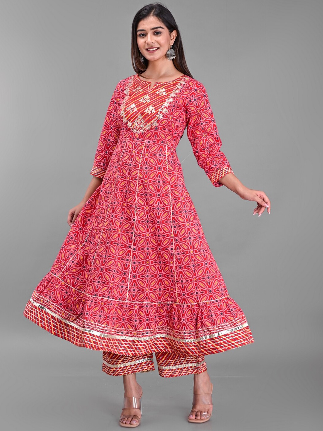 

KALINI Bandhani Printed Thread Work Pure Cotton Kurta with Palazzos, Red