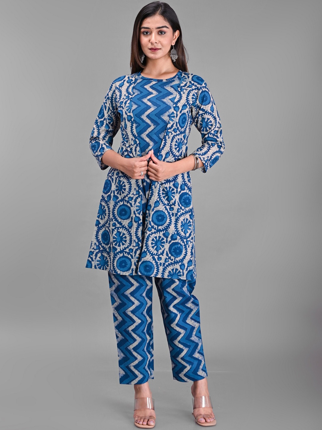 

KALINI Printed Pure Cotton Top, Trousers & Jacket, Blue