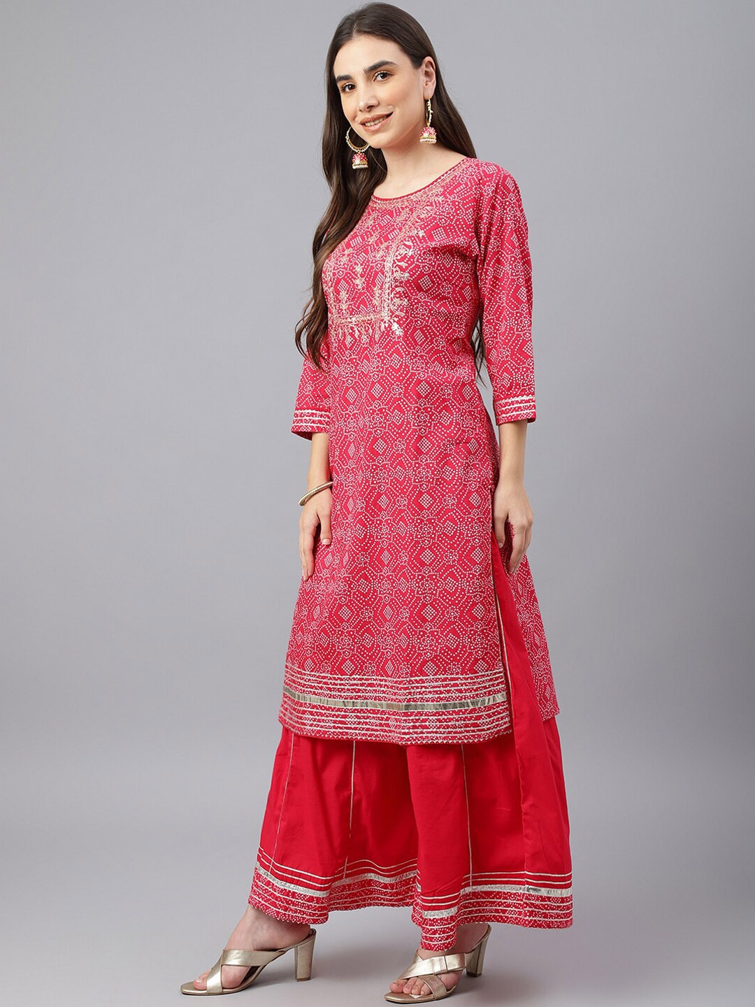 

KALINI Bandhani Printed Thread Work Pure Cotton Kurta with Sharara, Pink