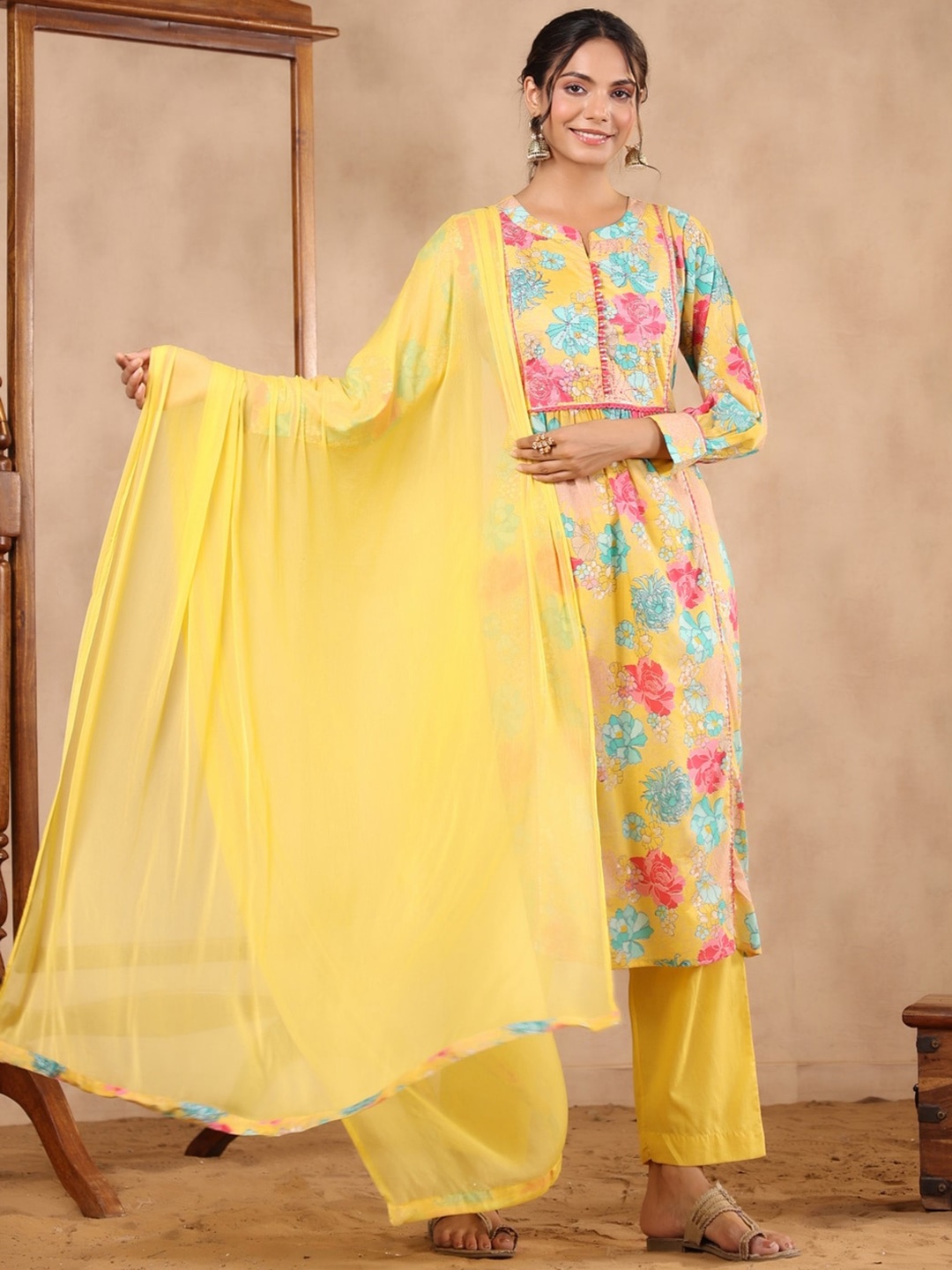 

KALINI Floral Printed Band Collar Thread Work Pure Cotton Kurta with Trousers & Dupatta, Yellow