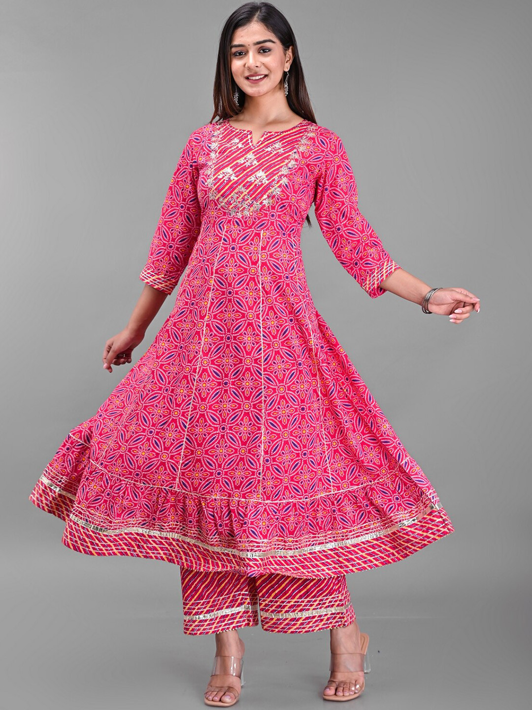 

KALINI Bandhani Printed Thread Work Pure Cotton Kurta with Palazzos, Pink