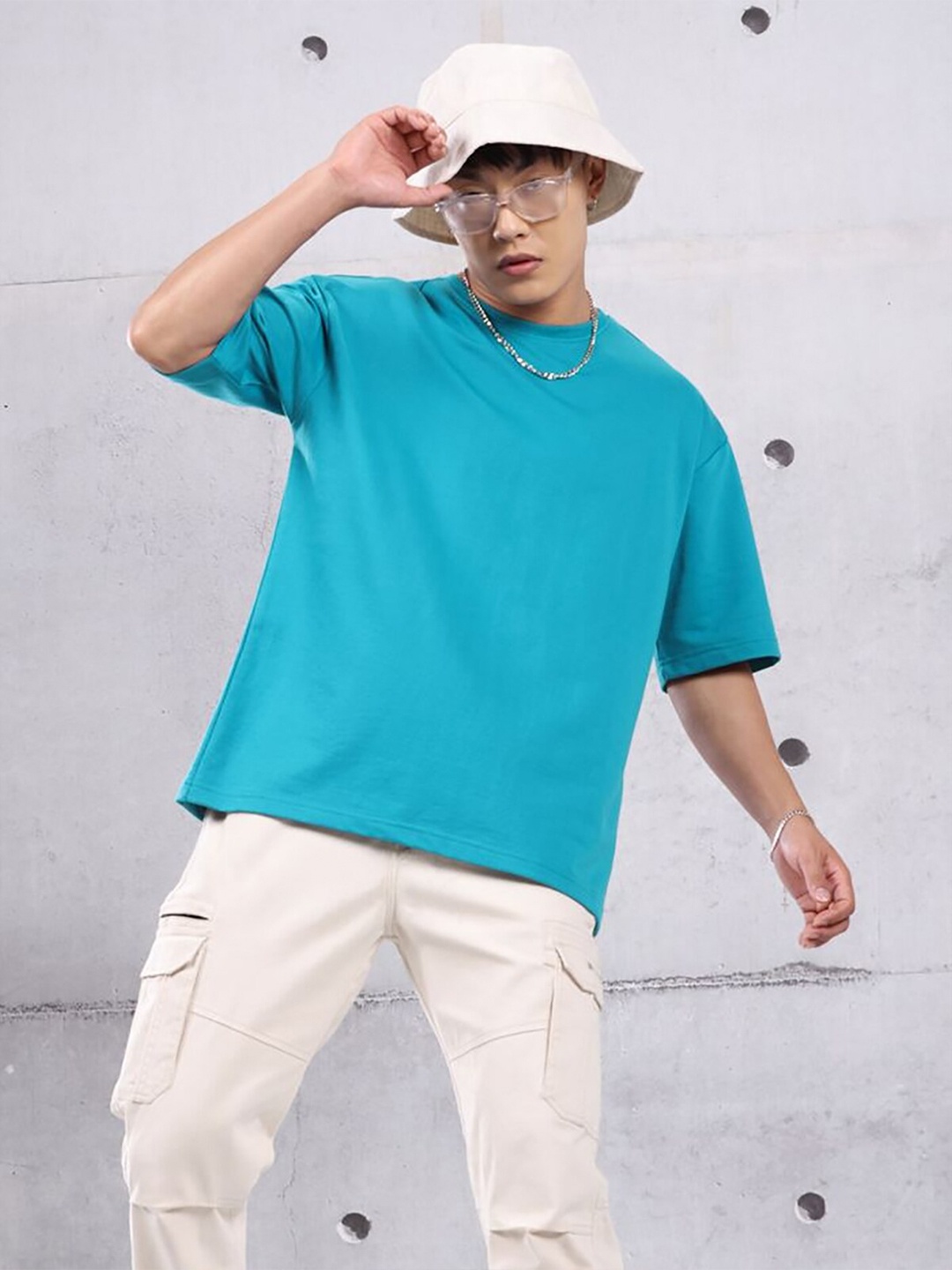 

RARESCAPE Round Neck Relaxed Fit Cotton T-shirt, Blue