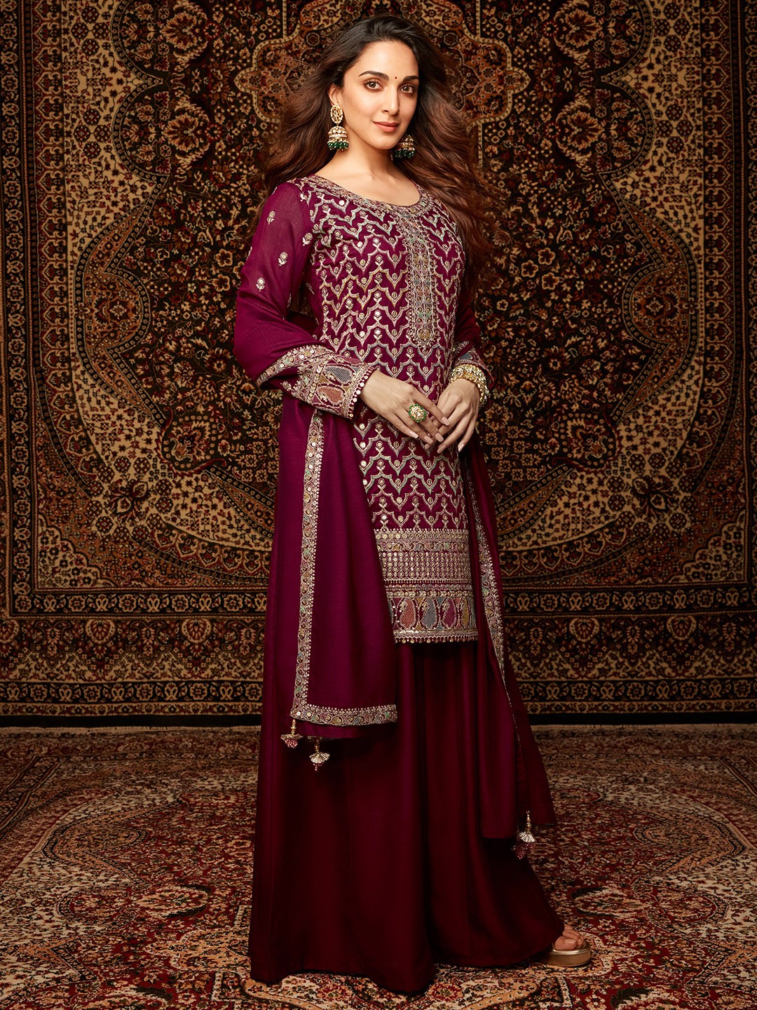 

Libas Ethnic Motifs Embroidered Sequinned Straight Kurta With Palazzos & Dupatta, Maroon