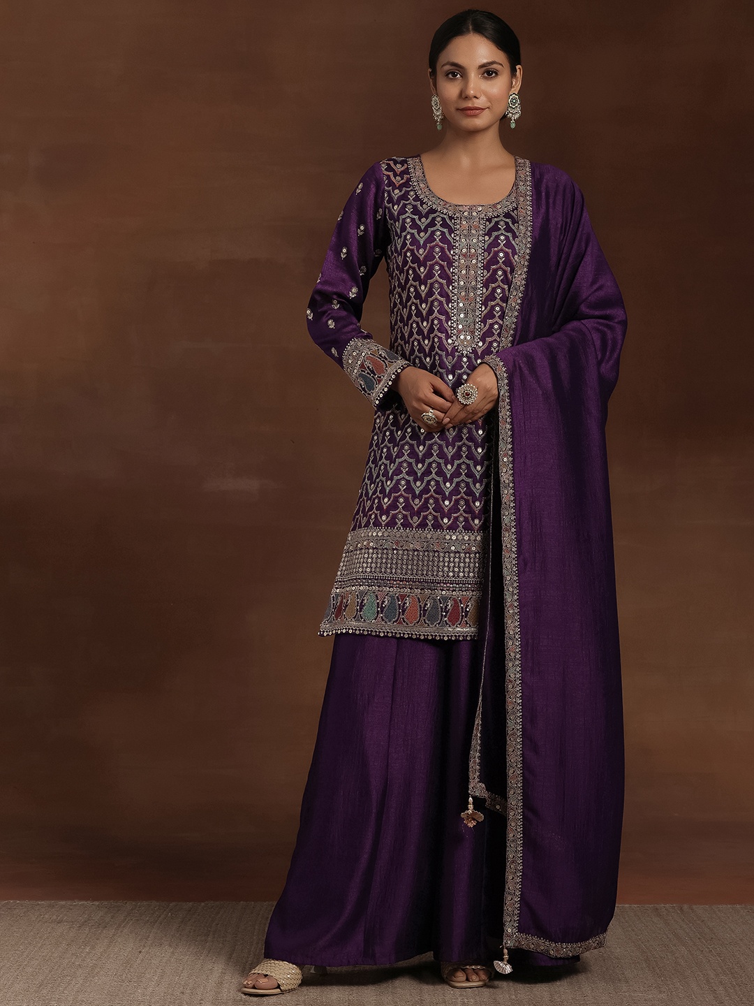 

Libas Ethnic Motifs Embroidered Sequinned Kurta With Palazzos & Dupatta, Purple
