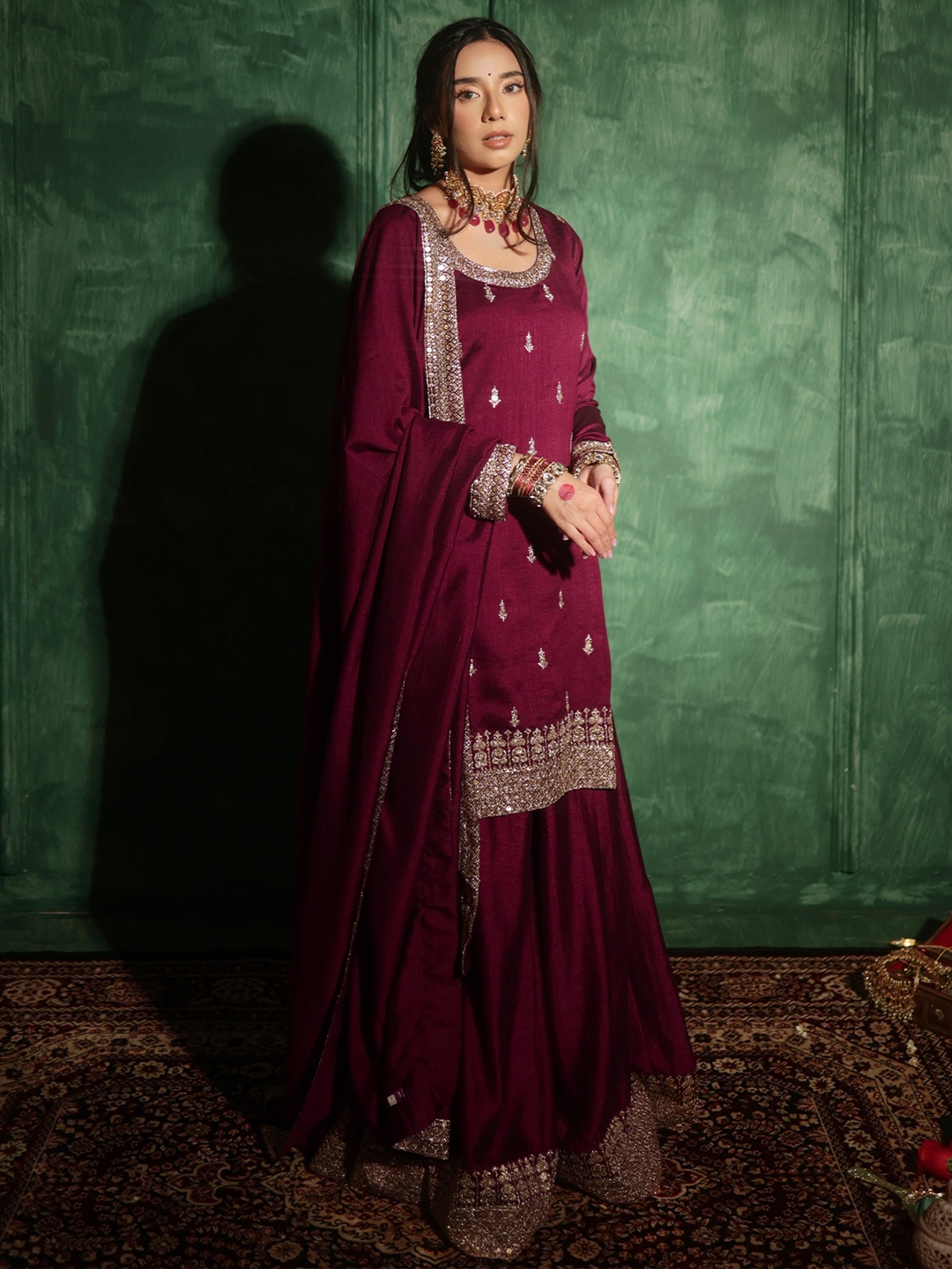 

Libas Ethnic Motifs Embroidered Zari Work Detail Straight Kurta With Palazzos & Dupatta, Maroon